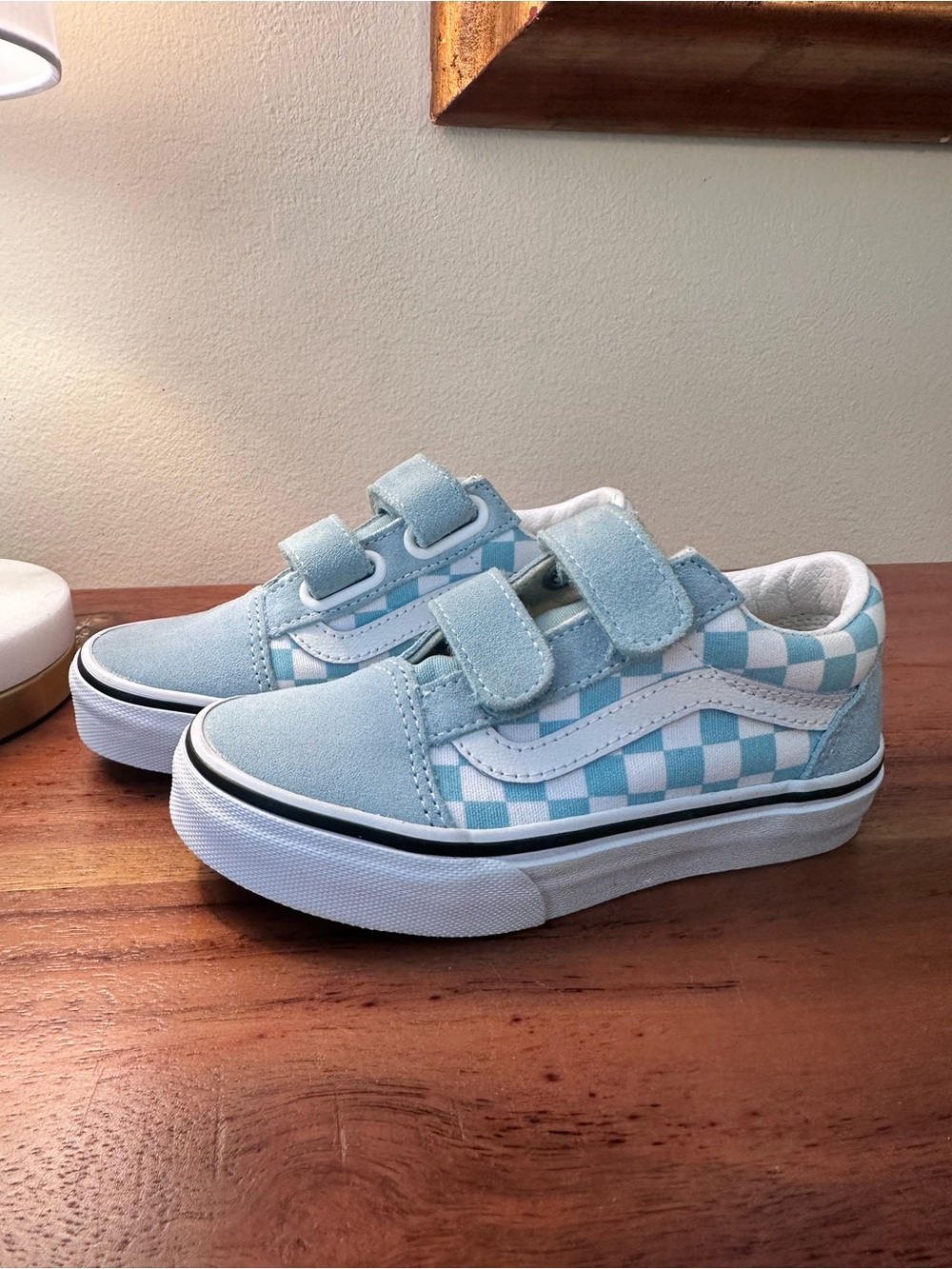 {Vans} Kids' Checkerboard Velcro Sneakers - Light Blue